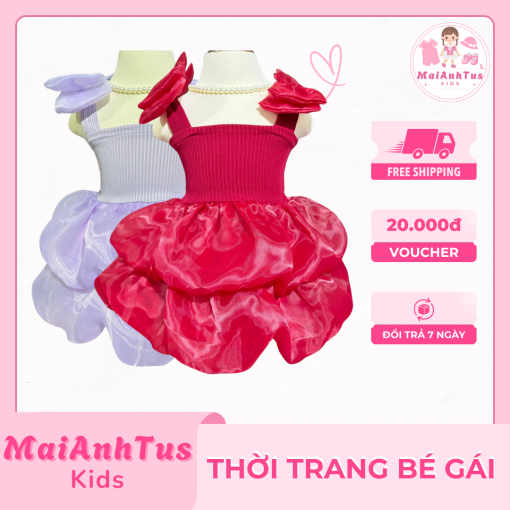 Váy tơ công chúa cho bé gái - Váy đính nơ 2 bên vai cho bé gái - Thời trang bé gái MaiAnhTus Kids - Hình ảnh 2
