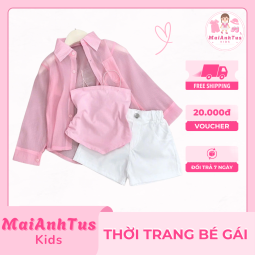 Set áo 2 giây, quần đùi và áo sơ mi hồng cho bé gái - Set bộ đùi áo 2 giây sơ mi hồng cho bé gái - Thời trang bé gái MaiAnhTus Kids - Hình ảnh 2
