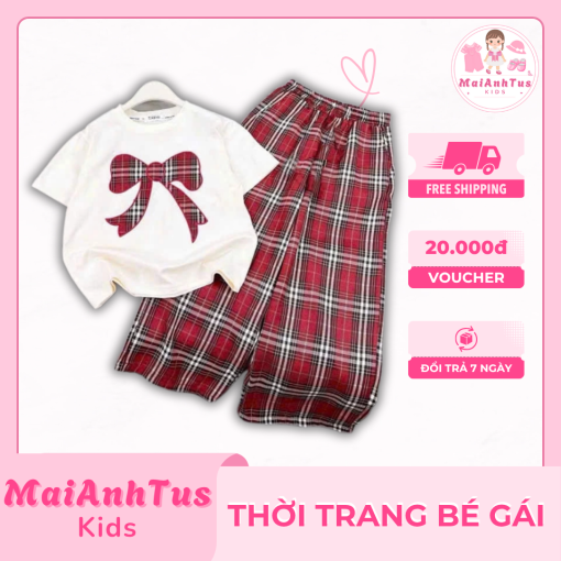 Set bộ quần dài áo thun cho bé gái - Set bộ dài họa tiết nơ ô vuông cho bé gái - Thời trang bé gái MaiAnhTus Kids - Hình ảnh 2
