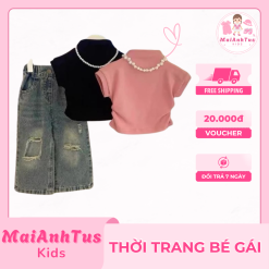 Set bộ áo croptop và quần jeans cho bé gái - Set quần bò suông với croptop cho bé gái - Thời trang bé gái MaiAnhTus Kids