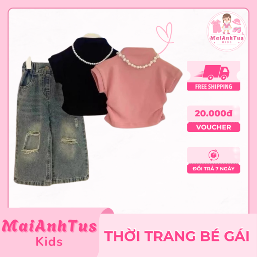 Set bộ áo croptop và quần jeans cho bé gái - Set quần bò suông với croptop cho bé gái - Thời trang bé gái MaiAnhTus Kids