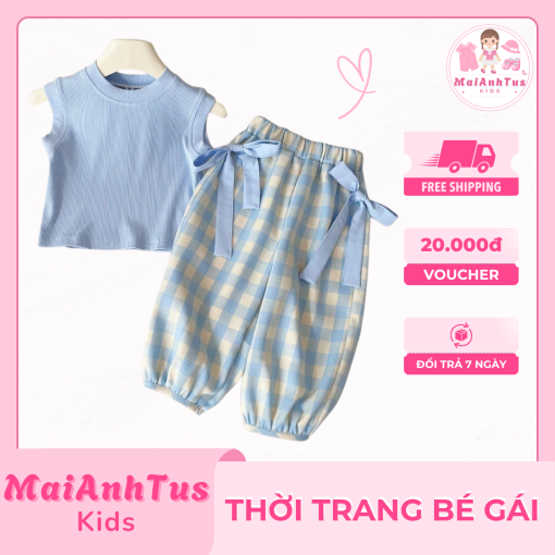 Set bộ áo thun cùng quần dài cho bé gái - Áo thun 3 lỗ cùng quần nơ kẻ sọc cho bé gái - Thời trang bé gái MaiAnhTus Kids - Hình ảnh 2