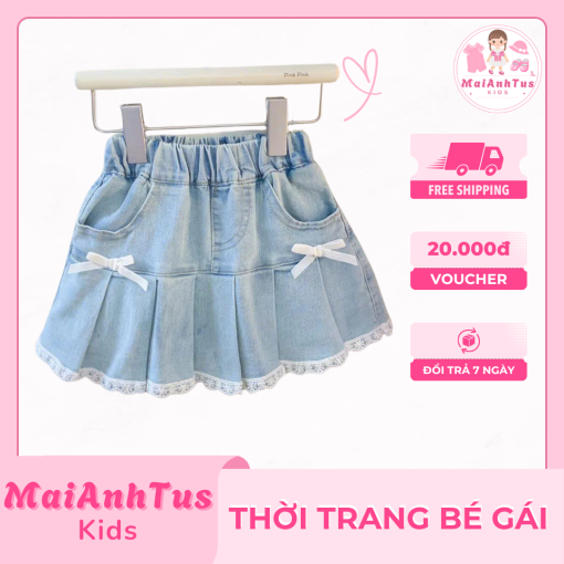 Chân váy jean cho bé gái - Chân váy xếp ly gắn nơ cho bé gái - Thời trang bé gái MaiAnhTus Kids - Hình ảnh 2