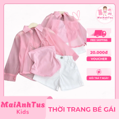 Set áo 2 giây, quần đùi và áo sơ mi hồng cho bé gái - Set bộ đùi áo 2 giây sơ mi hồng cho bé gái - Thời trang bé gái MaiAnhTus Kids