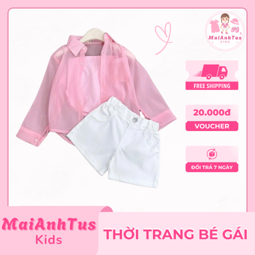 Set áo 2 giây, quần đùi và áo sơ mi hồng cho bé gái - Set bộ đùi áo 2 giây sơ mi hồng cho bé gái - Thời trang bé gái MaiAnhTus Kids - Hình ảnh 3