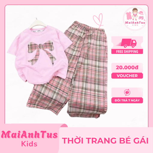 Set bộ quần dài áo thun cho bé gái - Set bộ dài họa tiết nơ ô vuông cho bé gái - Thời trang bé gái MaiAnhTus Kids - Hình ảnh 3