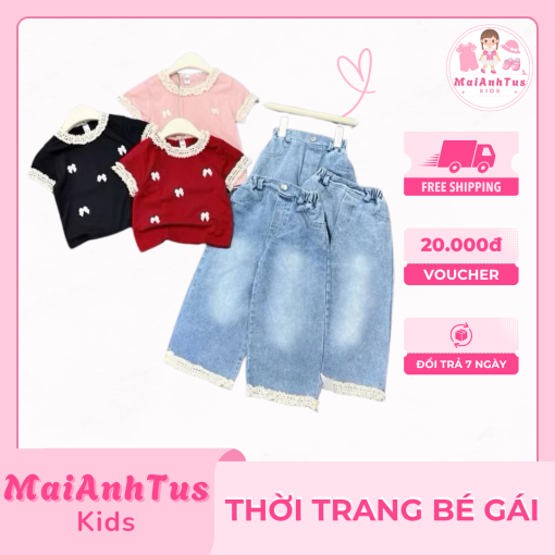 Set bộ áo croptop và quần jeans cho bé gái - Set quần bò suông với croptop cho bé gái - Thời trang bé gái MaiAnhTus Kids - Hình ảnh 2
