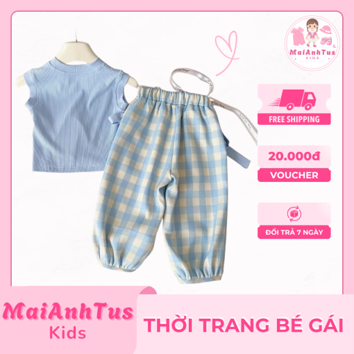 Set bộ áo thun cùng quần dài cho bé gái - Áo thun 3 lỗ cùng quần nơ kẻ sọc cho bé gái - Thời trang bé gái MaiAnhTus Kids - Hình ảnh 3