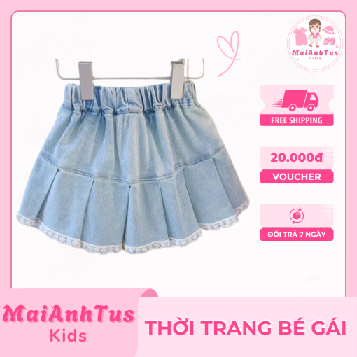 Chân váy jean cho bé gái - Chân váy xếp ly gắn nơ cho bé gái - Thời trang bé gái MaiAnhTus Kids - Hình ảnh 3