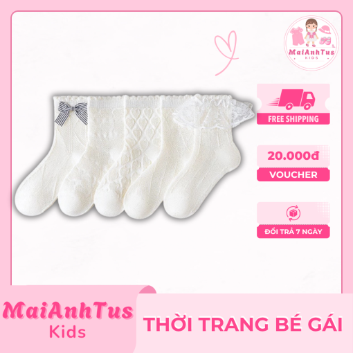 Set 5 đôi tất cao cổ cho bé gái - Tất lưới họa tiết in chìm cho bé gái - Thời gian bé gái MaiAnhTus Kids - Hình ảnh 3