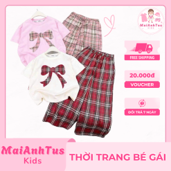 Set bộ quần dài áo thun cho bé gái - Set bộ dài họa tiết nơ ô vuông cho bé gái - Thời trang bé gái MaiAnhTus Kids