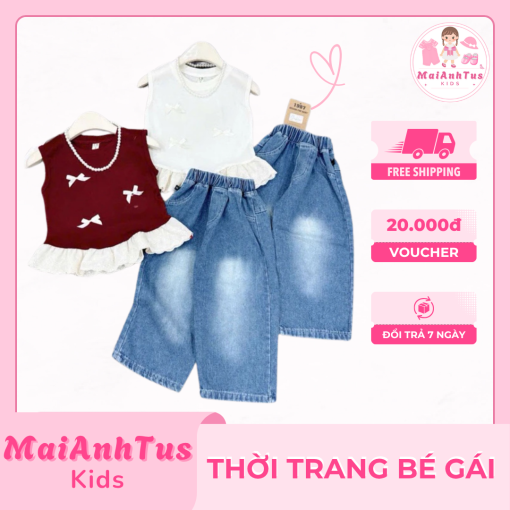 Set bộ áo croptop và quần jeans cho bé gái - Set quần bò suông với croptop cho bé gái - Thời trang bé gái MaiAnhTus Kids - Hình ảnh 3