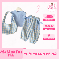 Set bộ áo thun cùng quần dài cho bé gái - Áo thun 3 lỗ cùng quần nơ kẻ sọc cho bé gái - Thời trang bé gái MaiAnhTus Kids