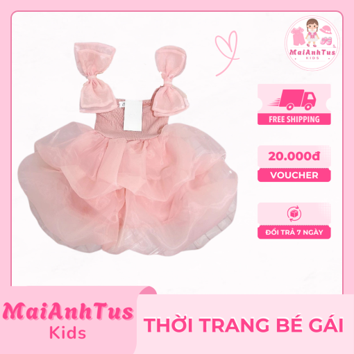 Váy tơ công chúa cho bé gái - Váy đính nơ 2 bên vai cho bé gái - Thời trang bé gái MaiAnhTus Kids - Hình ảnh 5