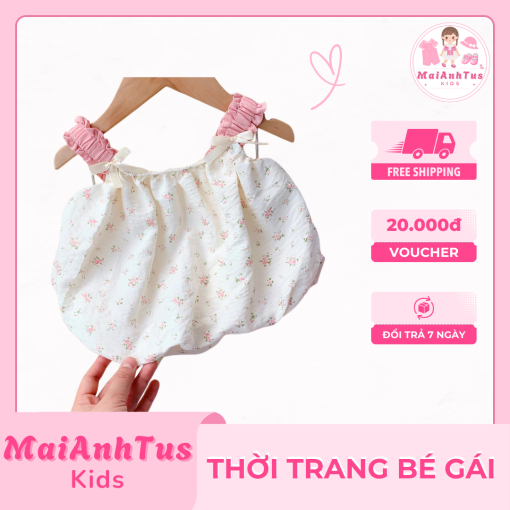 Set áo 2 dây cùng quần bí ngô cho bé gái - Set áo 2 dây hoa nhí cùng quần bí ngô hồng đính nơ cho bé gái - Thời trang bé gái MaiAnhTus Kids - Hình ảnh 2