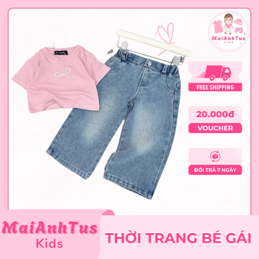 Set bộ áo croptop và quần jeans cho bé gái - Set quần bò suông với croptop cho bé gái - Thời trang bé gái MaiAnhTus Kids - Hình ảnh 4