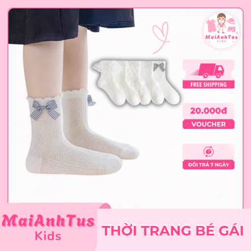 Set 5 đôi tất cao cổ cho bé gái - Tất lưới họa tiết in chìm cho bé gái - Thời gian bé gái MaiAnhTus Kids - Hình ảnh 5