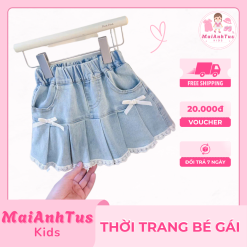 Chân váy jean cho bé gái - Chân váy xếp ly gắn nơ cho bé gái - Thời trang bé gái MaiAnhTus Kids