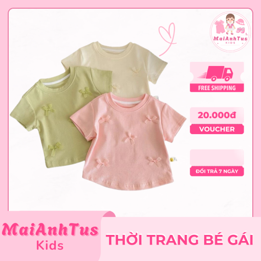Áo thun cộc tay bé gái - Áo thun họa tiết nơ xinh cho bé gái - Thời trang bé gái MaiAnhTus Kids