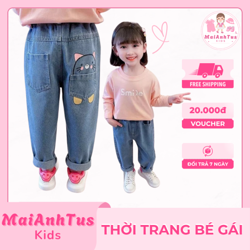 Quần jeans dáng dài cho bé gái - Quần jeans thêu họa tiết xinh cho bé gái - Thời trang bé gái MaiAnhTus Kids